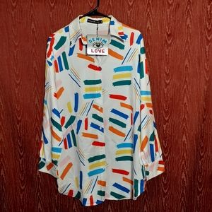 DENIM LOVE BLOUSE WOMEN'S SIZE S GEOMETRIC PRINT MULTICOLORED LONG SLEEVE BUTTON